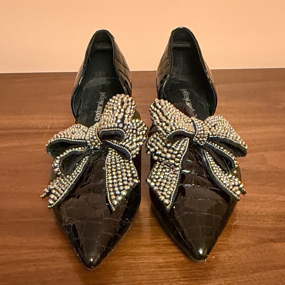 Jeffrey Campbell Black Croc-Embossed Flats with Embellished Bows
